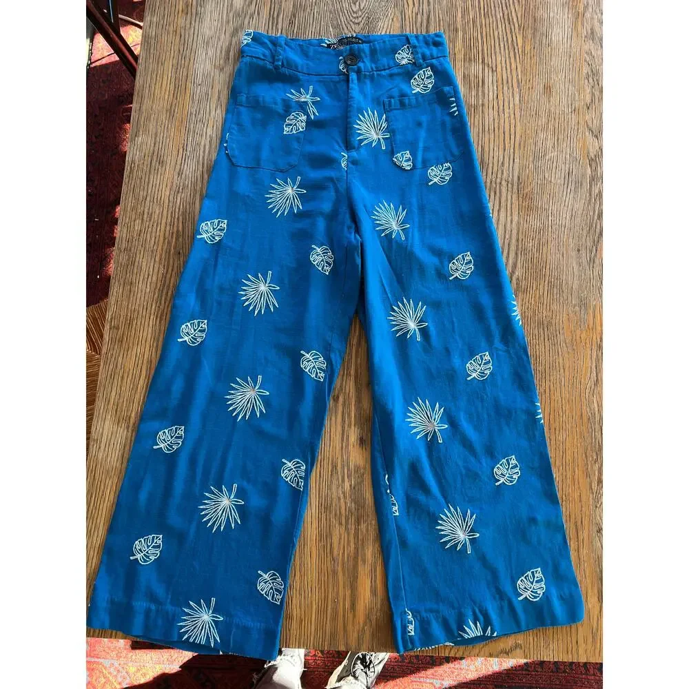 Zara Embroidered Tropical Wide Leg Pants Women's XS Blue